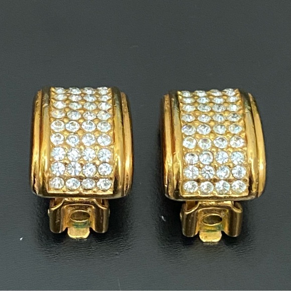Vintage CHRISTIAN DIOR Goldtone Clear Pave Crystal Half Hoop Clip Earrings 17g - Picture 5 of 16